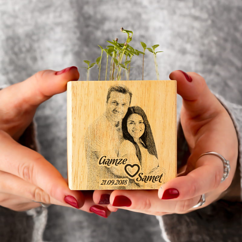 Sevgiliye Fotoğraf Baskılı Bitkili Ahşap Naturacube