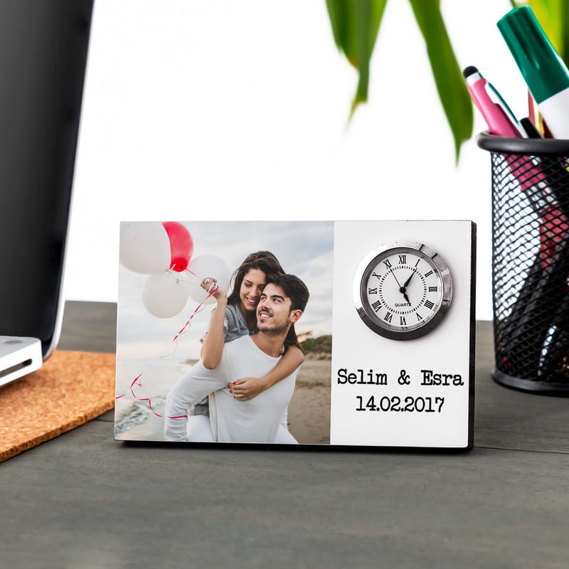Sevgiliye Hediye Baskılı Saatli Fotoğraf Çerçevesi