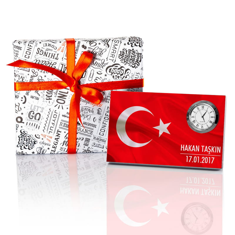 Türk Bayraklı Kurumsal Hediye Saatli Masa İsimiği