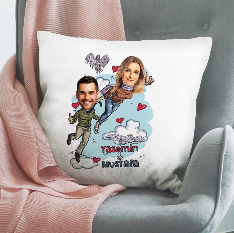 Uçan Sevgili Karikatürlü Kişiye Özel Esprili Yastık