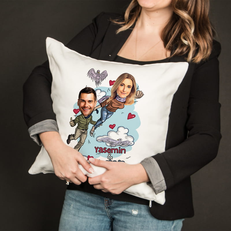 Uçan Sevgili Karikatürlü Kişiye Özel Esprili Yastık
