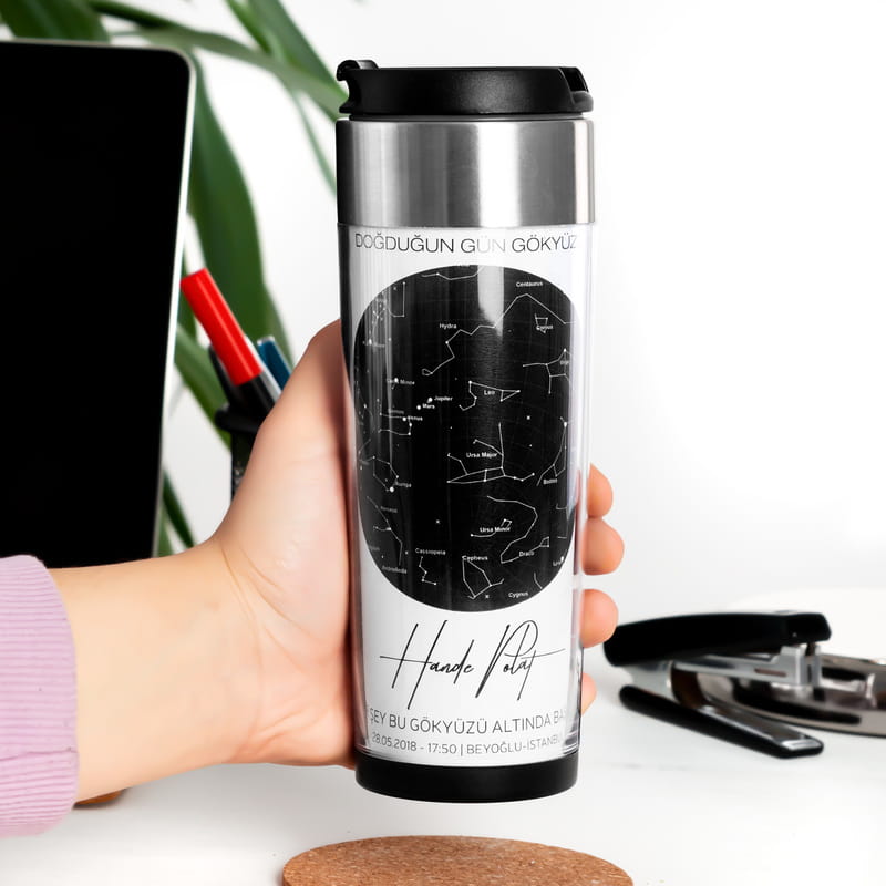 Doğumunda Gökyüzü Yıldız Haritası Tasarımlı İsme Özel Termos