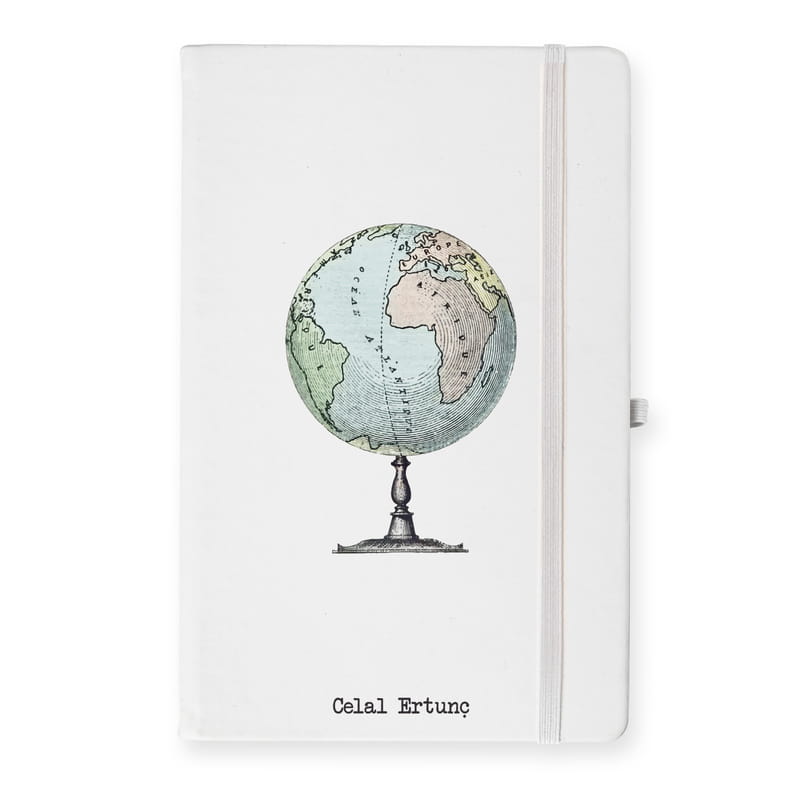 Dünya Küresi Baskılı İsme Özel Beyaz Kapaklı Not Defteri