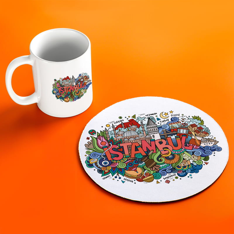 İstanbulun Simgeleri Tasarımlı Kupa Fincan ve Mouse Pad Seti