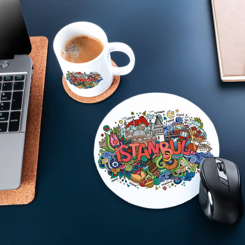 İstanbulun Simgeleri Tasarımlı Kupa Fincan ve Mouse Pad Seti