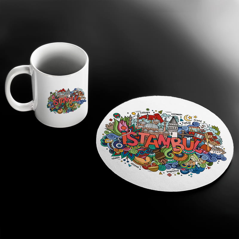 İstanbulun Simgeleri Tasarımlı Kupa Fincan ve Mouse Pad Seti