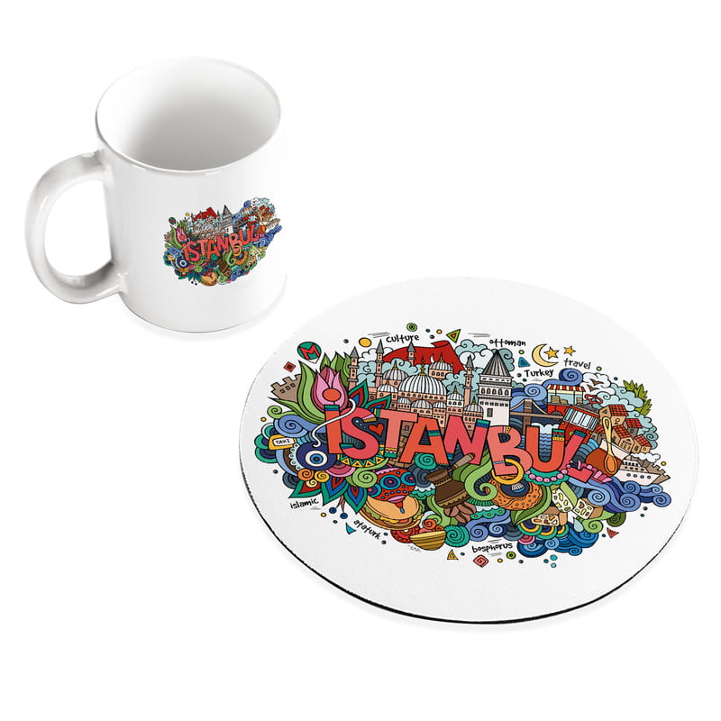İstanbulun Simgeleri Tasarımlı Kupa Fincan ve Mouse Pad Seti