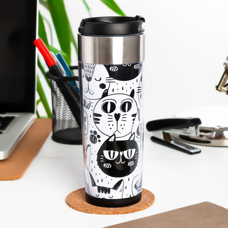 Minimal Sevimli Kedi Tasarımlı Baskılı Termos