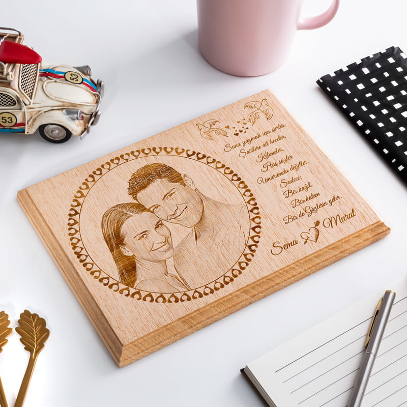 Mutlu Çiftlere Özel Mesajlı Mini Ahşap Foto
