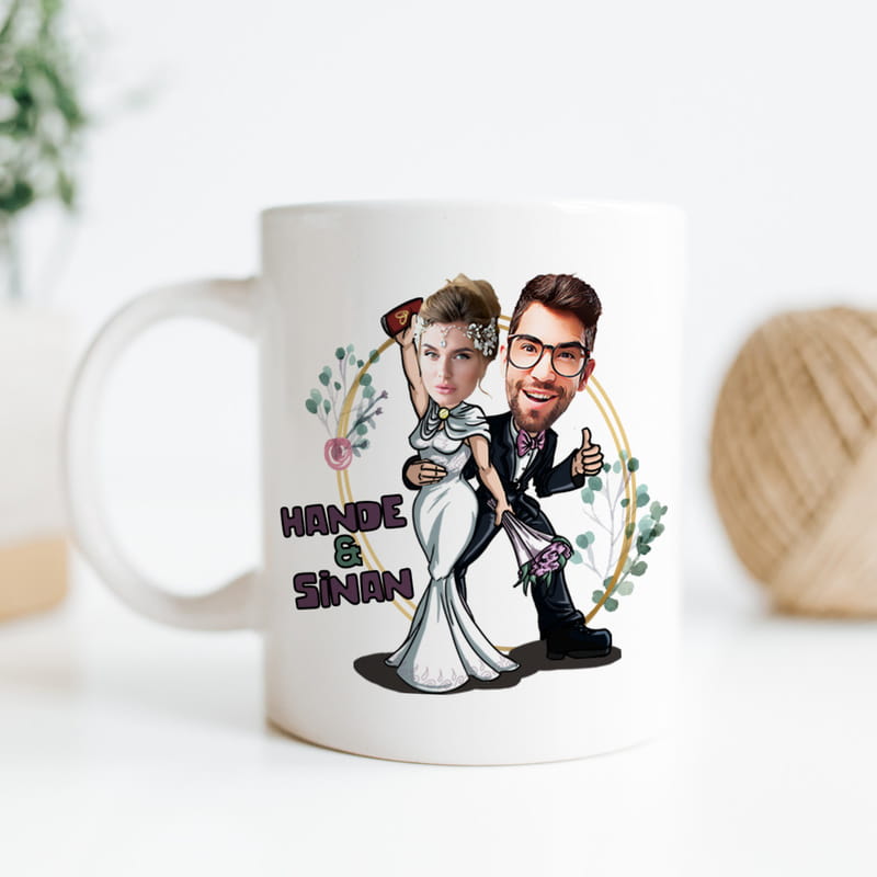 Nikah & Düğün Hatırası Karikatür Tasarımlı Kişiye Özel Kupa
