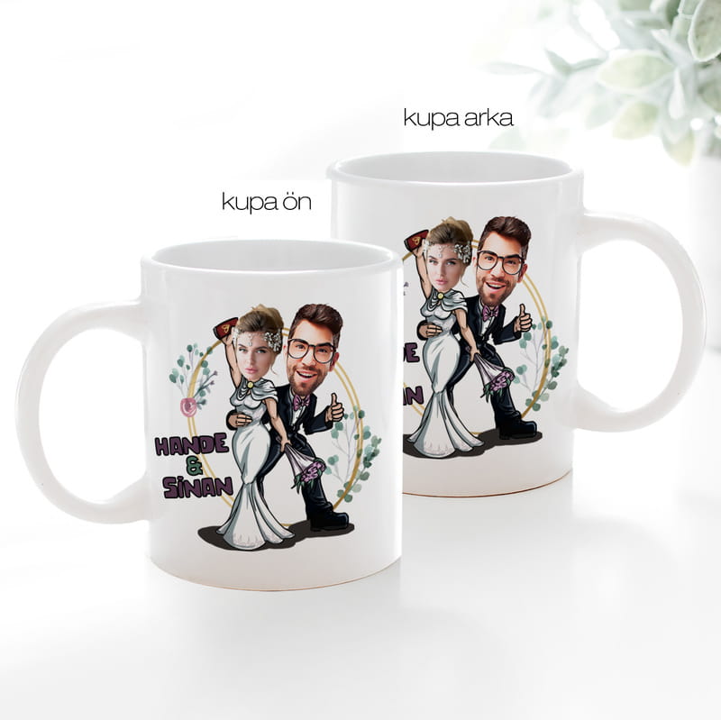 Nikah & Düğün Hatırası Karikatür Tasarımlı Kişiye Özel Kupa