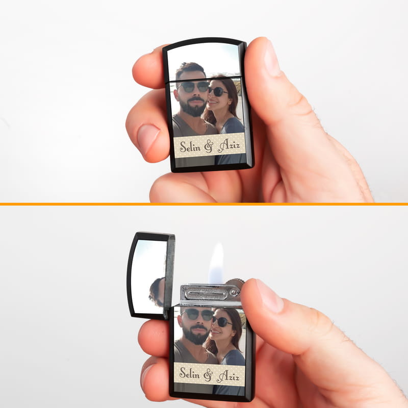 Sevgiliye Hediye Fotoğraflı Metal Siyah Çakmak