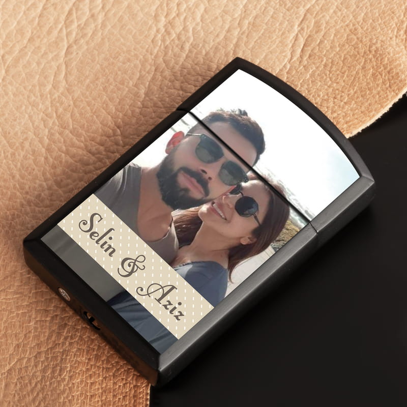 Sevgiliye Hediye Fotoğraflı Metal Siyah Çakmak