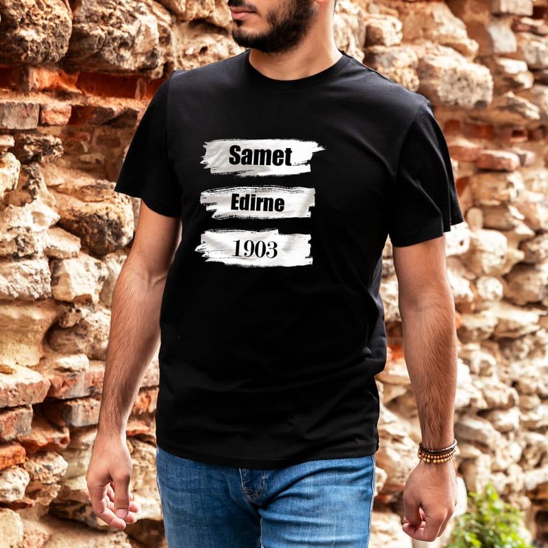 Siyah Beyaz Renkli İsimli Ve Tarihli Tişört - %100 Pamuklu Kumaş