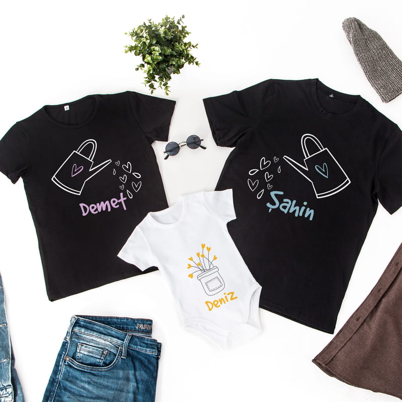 Aşkımızın Meyvesi 3'lü Aile Tişört Bebek Body Kombini - %100 Pamuklu Kumaş