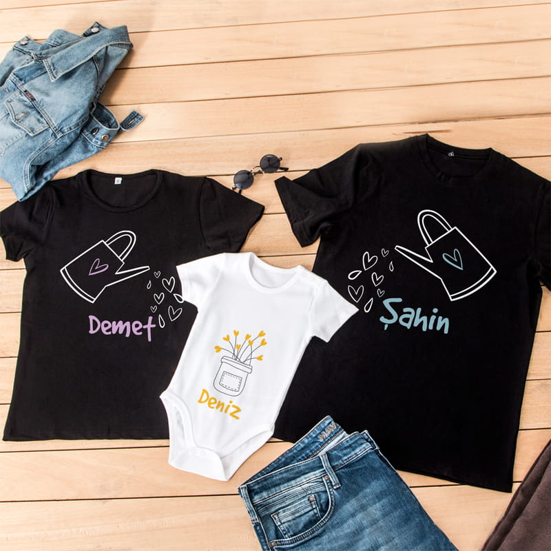 Aşkımızın Meyvesi 3'lü Aile Tişört Bebek Body Kombini - %100 Pamuklu Kumaş