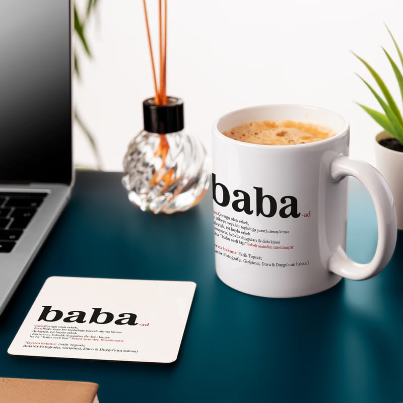 Baba Tanımı Tasarımlı İsme Özel Kupa ve Altlık Seti