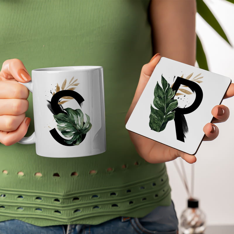 Dekoratif Kişiye Özel Harf Baskılı Kupa ve Altlık Seti