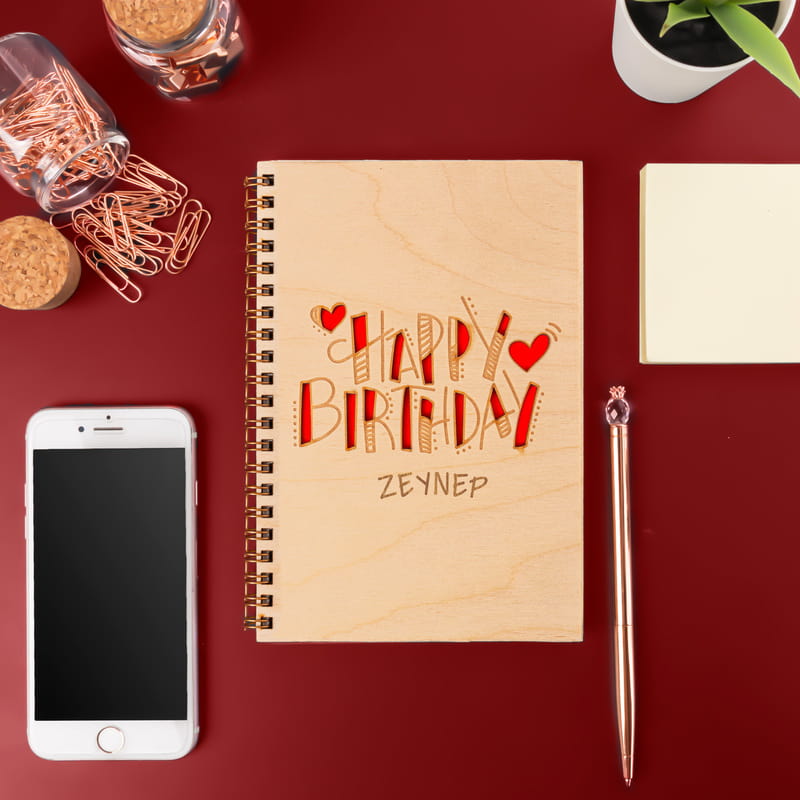 Doğum Günü Hediyesi İsim Yazılı Ahşap Kapaklı Defter