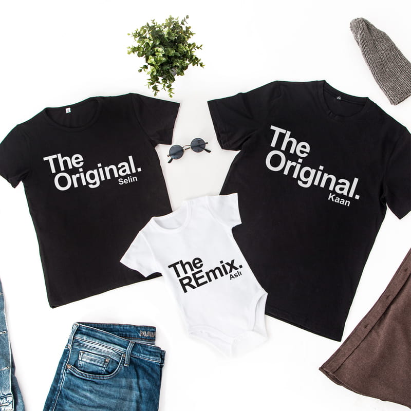 Eğlenceli İsim Yazılı 3'lü Aile Tişört Bebek Body Kombini - %100 Pamuklu Kumaş