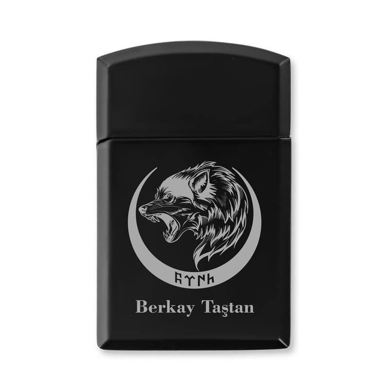 Etnik Kurt Desenli Göktürkçe İsme Özel Siyah Çakmak