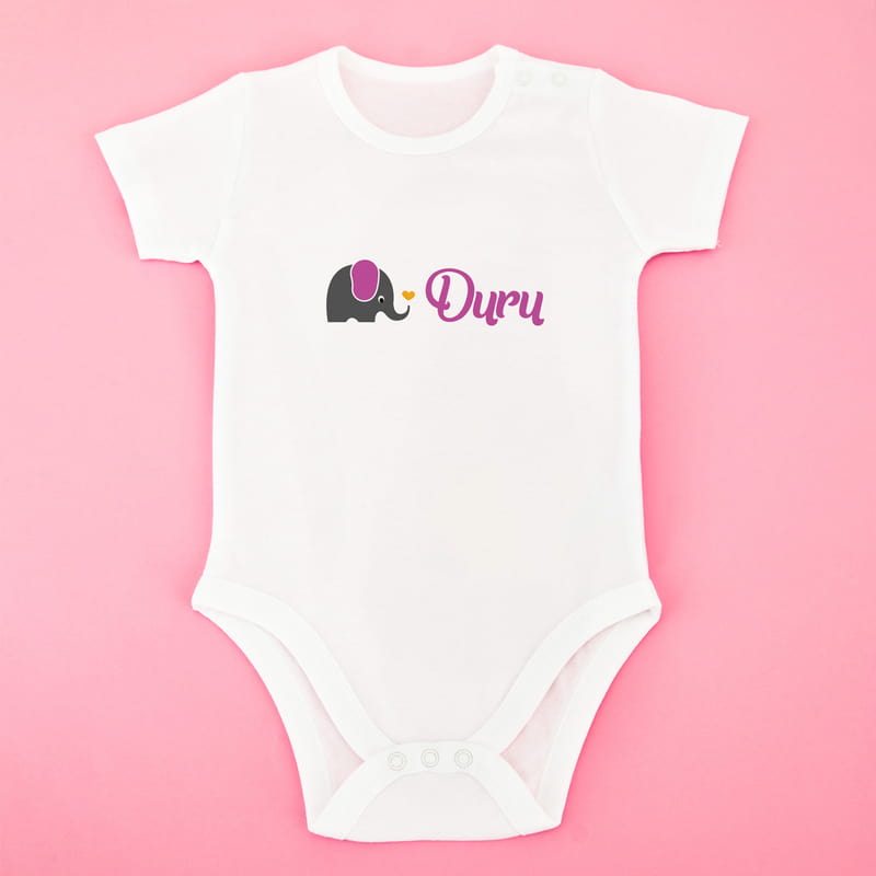 Fil Tasarımlı İsme Özel Pamuk Kısa Kollu Bebek Body - %100 Pamuklu Kumaş