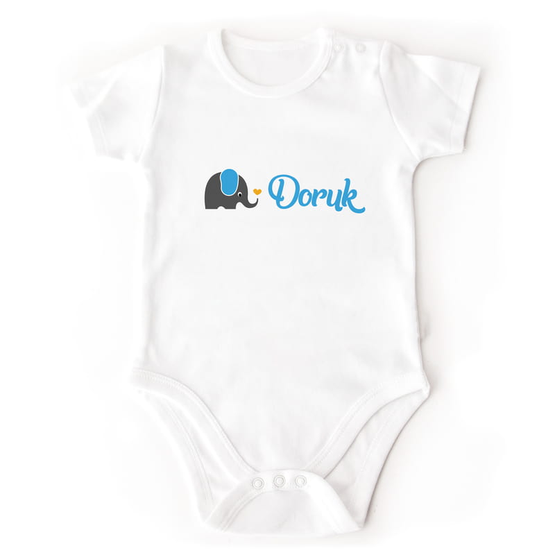 Fil Tasarımlı İsme Özel Pamuk Kısa Kollu Bebek Body - %100 Pamuklu Kumaş