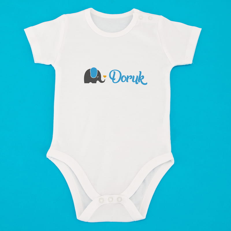 Fil Tasarımlı İsme Özel Pamuk Kısa Kollu Bebek Body - %100 Pamuklu Kumaş
