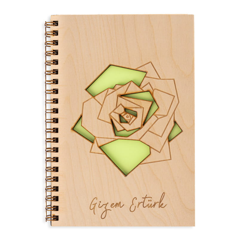 Geometrik Çiçek Tasarılı İsme Özel Ahşap Kapaklı Defter