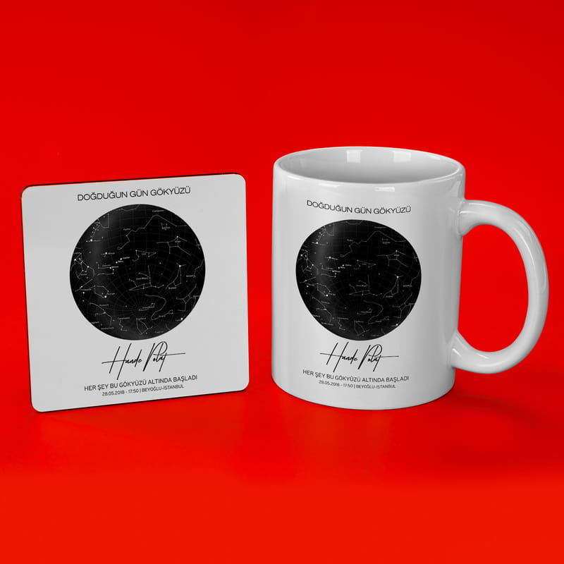 Kişiye Özel Hediye Yıldız Haritası Tasarımlı Kupa Altlık Seti