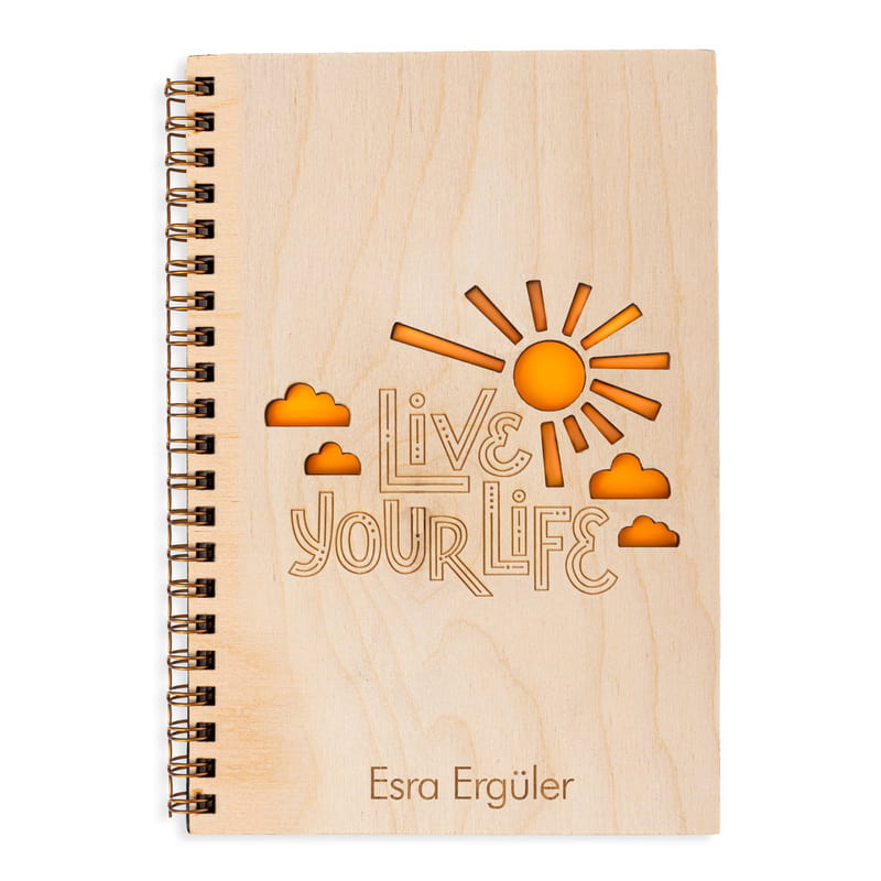 Live Your Life İsim Yazılı Motto Ahşap Kapaklı Defter