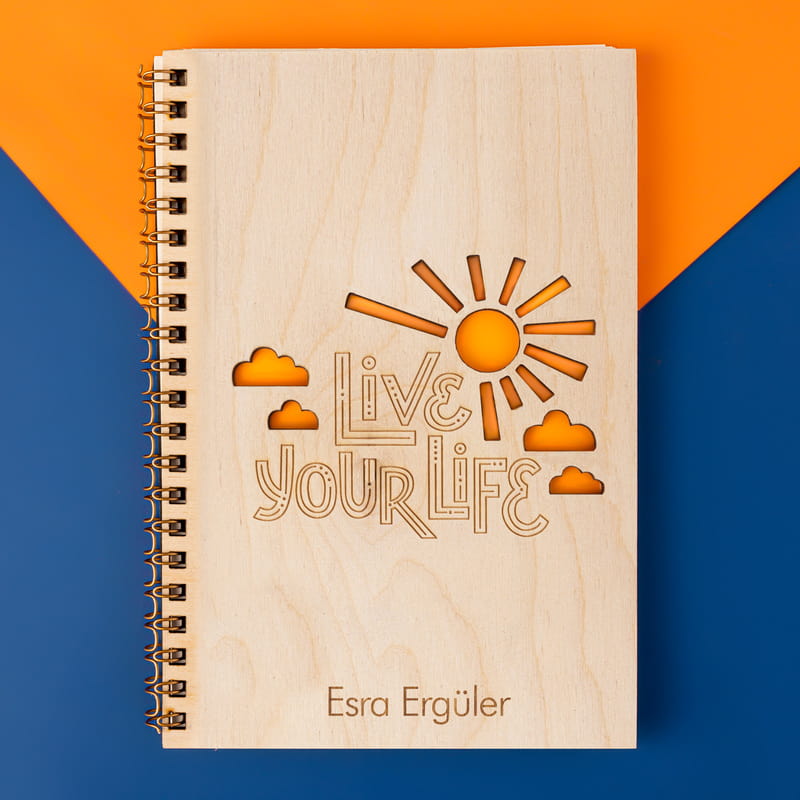Live Your Life İsim Yazılı Motto Ahşap Kapaklı Defter
