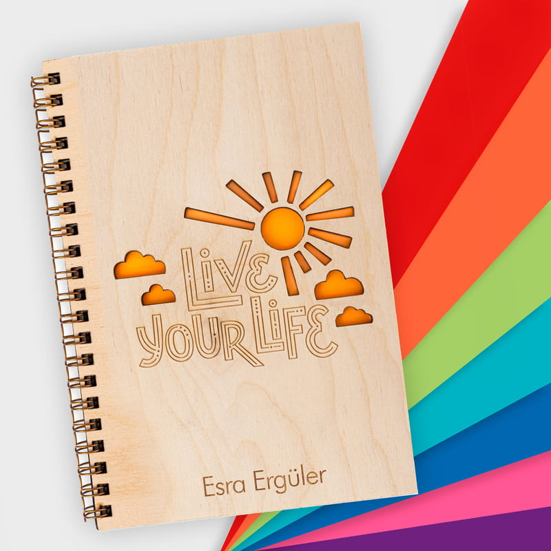 Live Your Life İsim Yazılı Motto Ahşap Kapaklı Defter