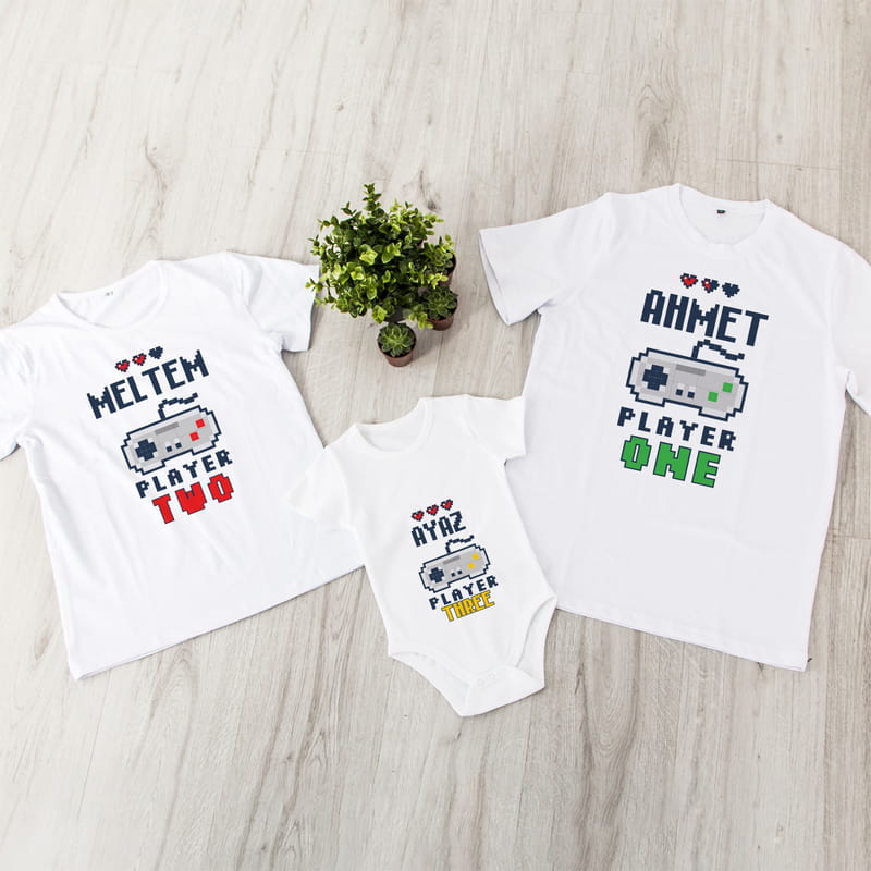 Oyun Sever Çiftlere Hediye Aile Tişört Bebek Zıbın Kombini - %100 Pamuklu Kumaş