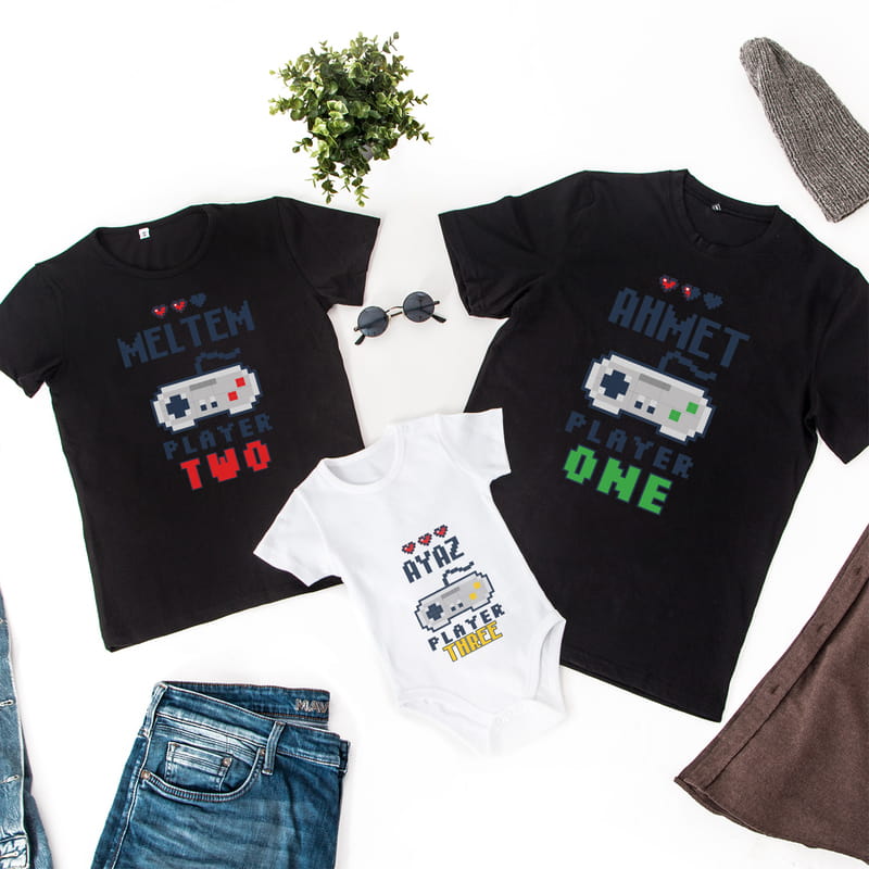 Oyun Sever Çiftlere Hediye Aile Tişört Bebek Zıbın Kombini - %100 Pamuklu Kumaş