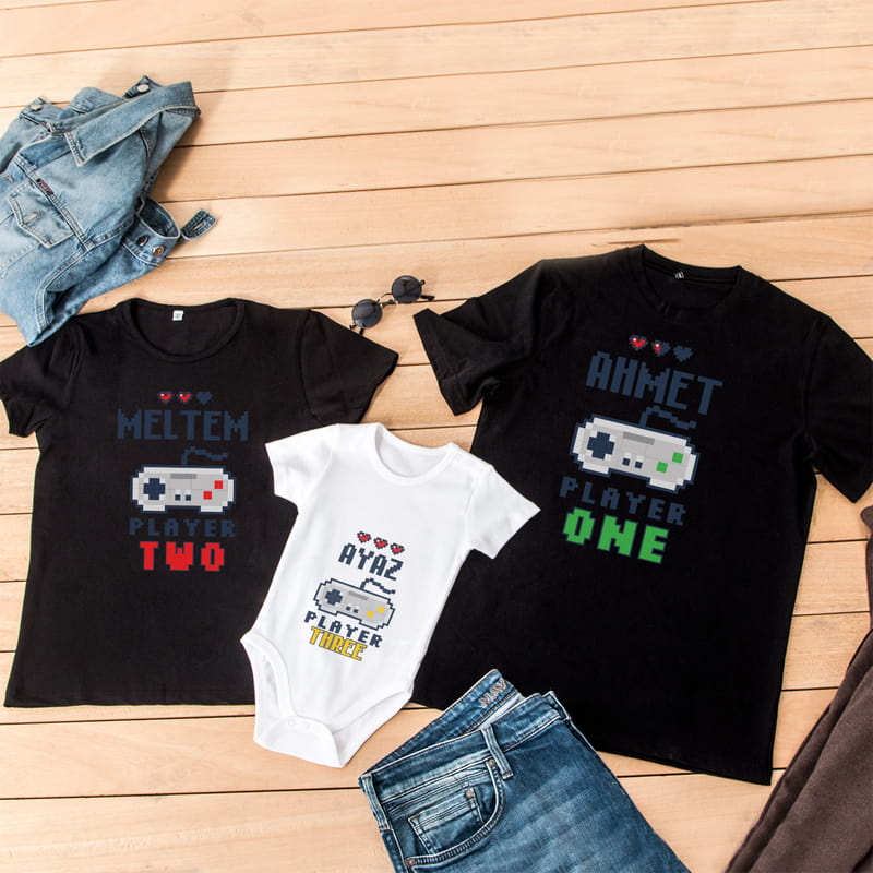 Oyun Sever Çiftlere Hediye Aile Tişört Bebek Zıbın Kombini - %100 Pamuklu Kumaş