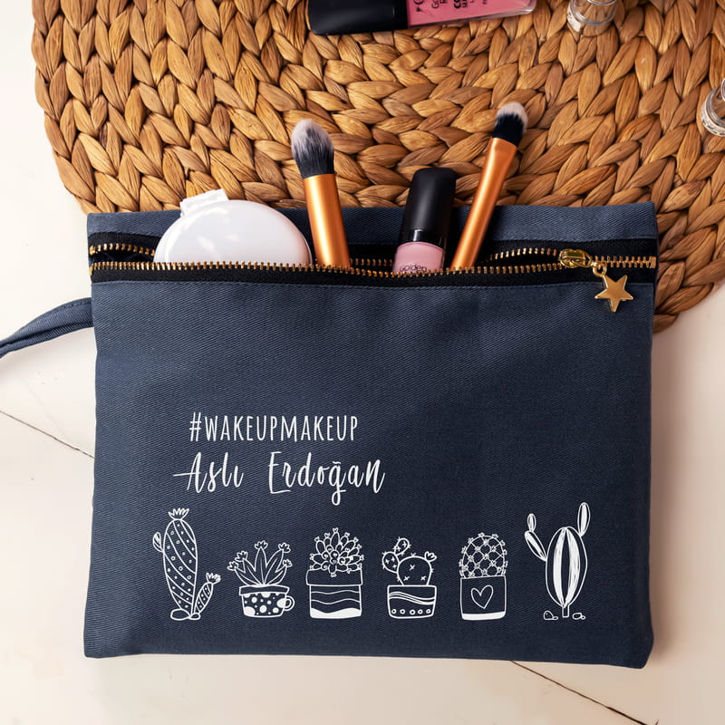 Retro Kaktüs Tasarımlı Kişiye Özel Kanvas Makyaj Çantası