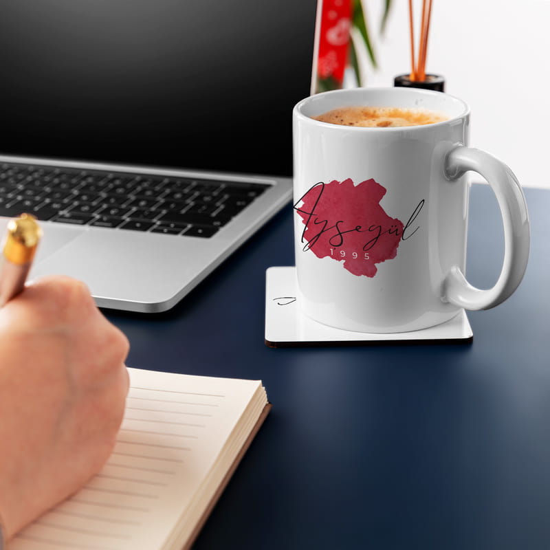 Suluboya Tasarımlı Kişiye Özel Porselen Kupa Bardak Altlığı Seti