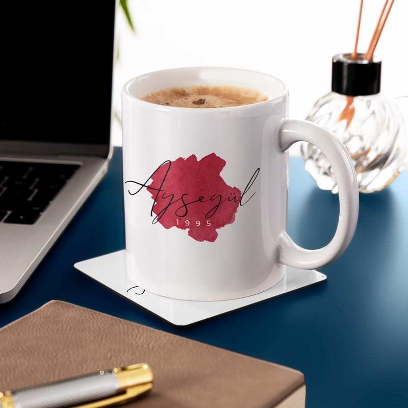 Suluboya Tasarımlı Kişiye Özel Porselen Kupa Bardak Altlığı Seti