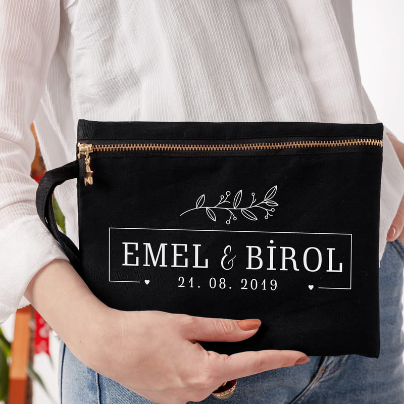 Yıldönümü Hediyesi İsim ve Tarih Yazılı Kanvas Makyaj Çantası