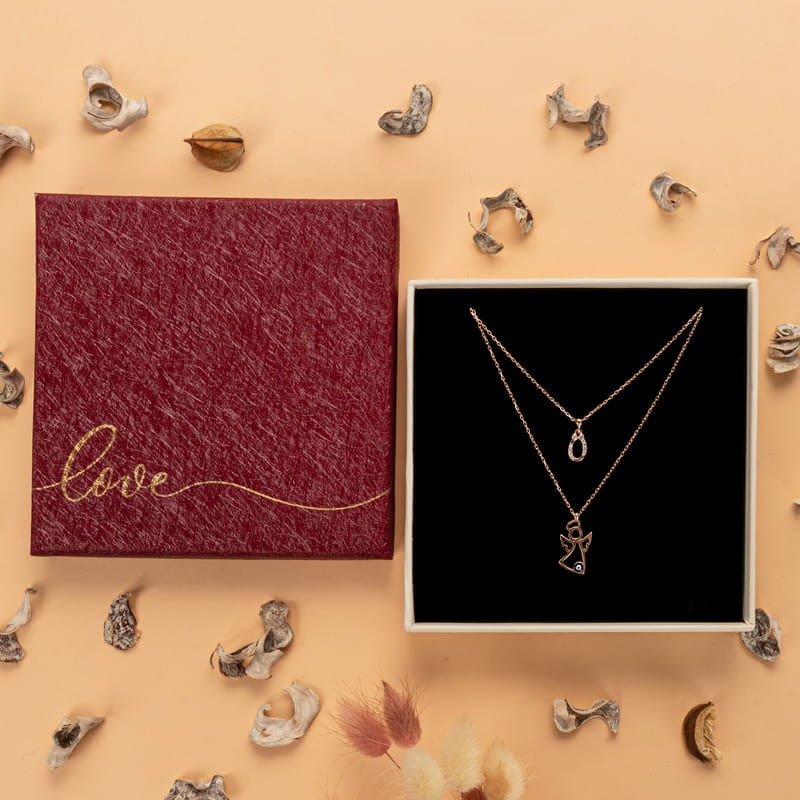 Anneye Melek Figürlü Çift Zincir Harfli Gümüş Kolye