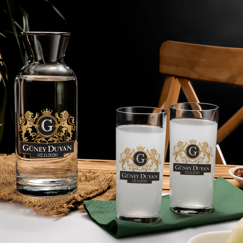 Aslan Armalı İsme Özel 2li Rakı Kadehi Karaf Seti