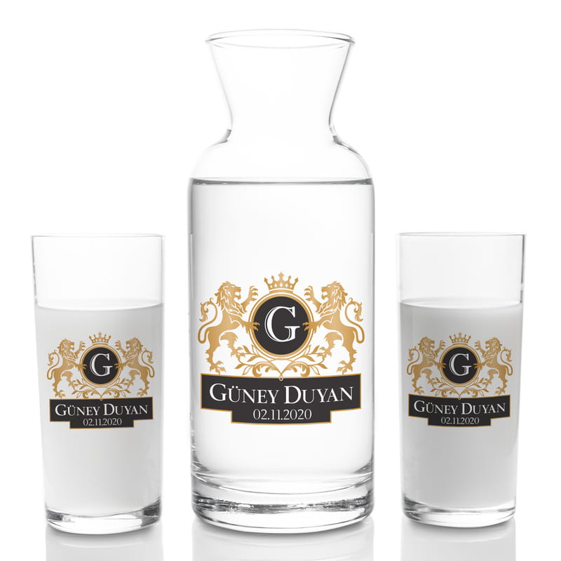 Aslan Armalı İsme Özel 2li Rakı Kadehi Karaf Seti