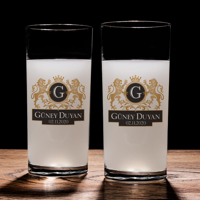 Aslan Armalı İsme Özel 2li Rakı Kadehi Karaf Seti