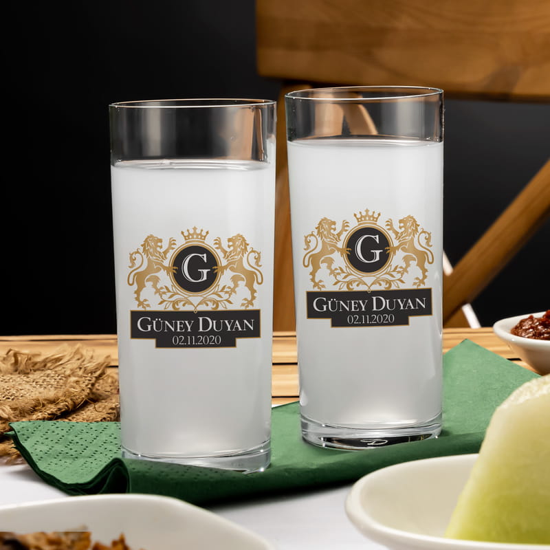 Aslan Armalı İsme Özel 2li Rakı Kadehi Karaf Seti