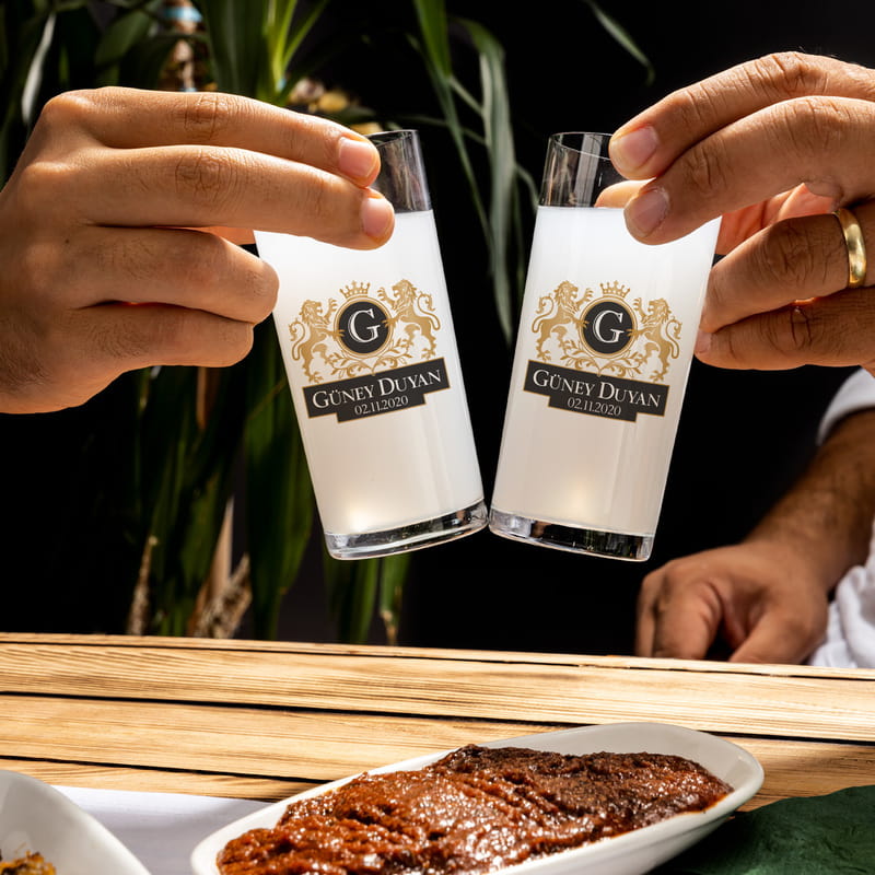 Aslan Armalı İsme Özel 2li Rakı Kadehi Karaf Seti