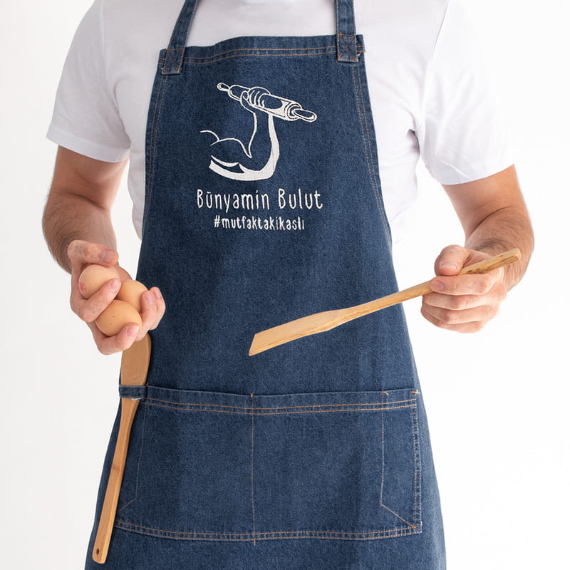 Erkek Arkadaşa Hediye Nakış İşlemeli Kot Mutfak Önlüğü