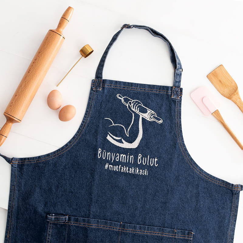 Erkek Arkadaşa Hediye Nakış İşlemeli Kot Mutfak Önlüğü