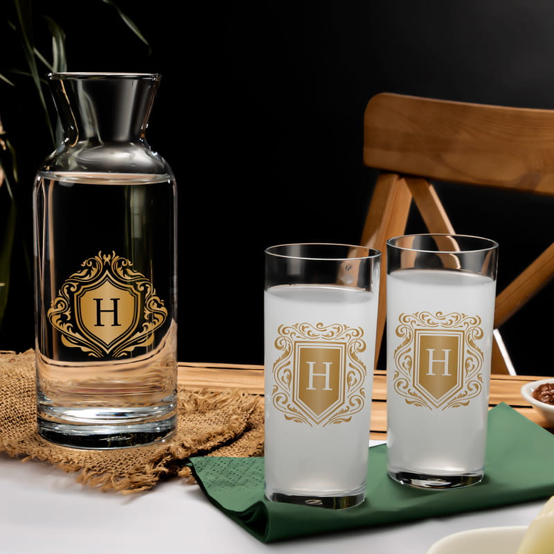 Gold Tasarımlı İsim Yazılı 2li Rakı Kadehi Karaf Seti