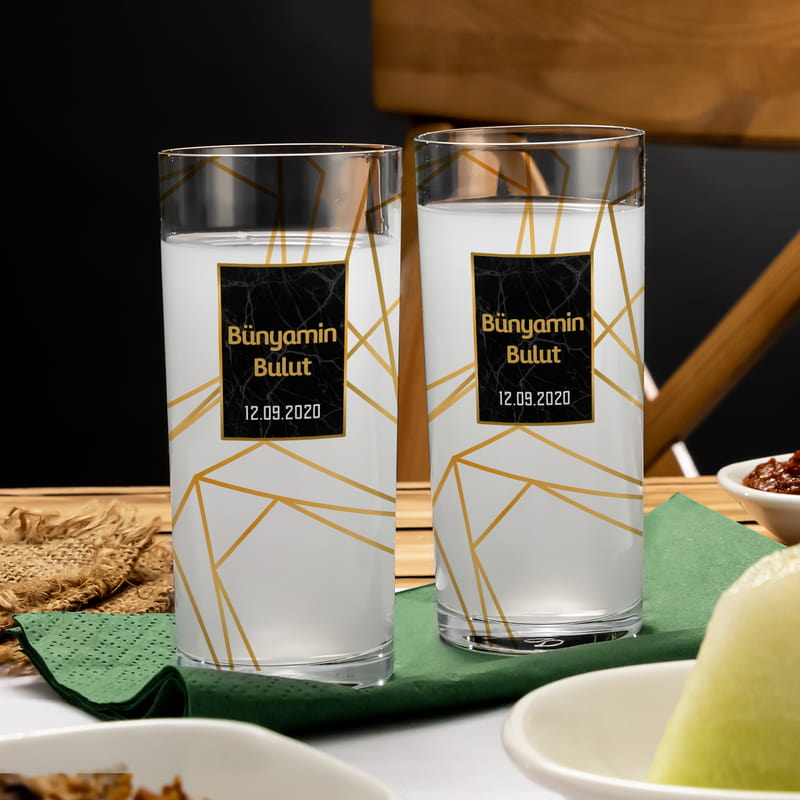 İsim ve Tarih Yazılı Modern Tasarımlı 2li Rakı Kadehi Karaf Seti